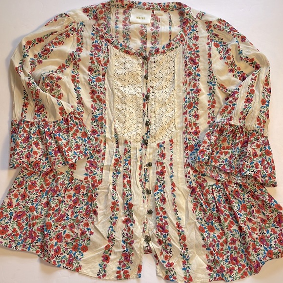 Maeve Anthropologie Hiver Floral Peasant Blouse Crochet Pleated Buttons Size 10 - Picture 10 of 16